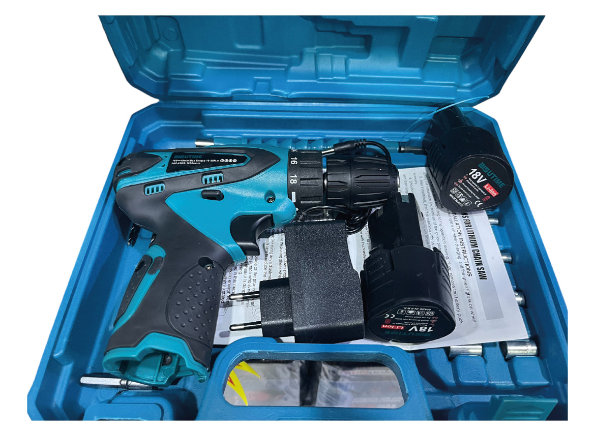Kit Taladro Inalámbrico 18 Volt 24 Piezas + 2 Baterías