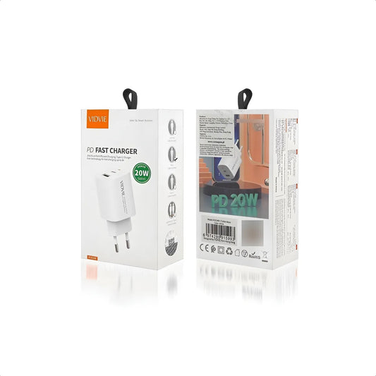 Cargador VIDVIE Carga Rápida Dual USB - Tipo-C 20W Blanco